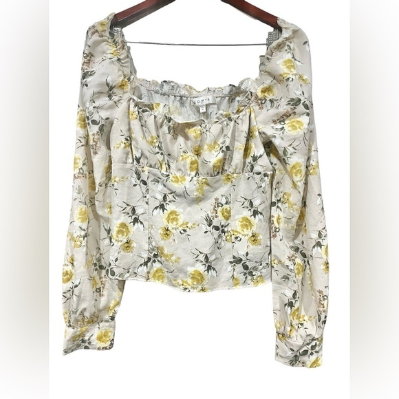 Row.A Long sleeved Ruffle Floral Blouse Top Smocked Off Shoulder Tan & Yellow XL - Picture 2 of 7